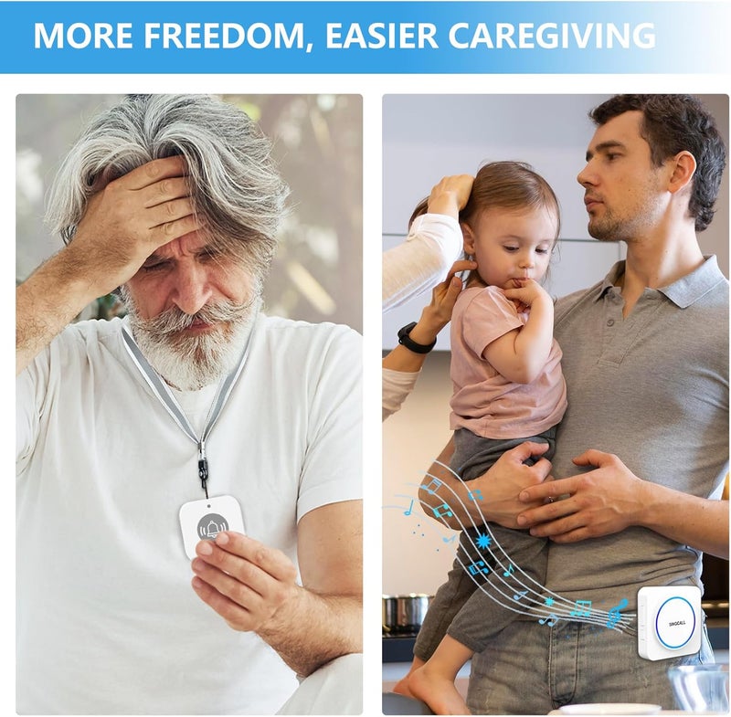SINGCALL Wireless Caregiver Pager Panic Alarm System Personal Alarm for Elderly/Kids/Pregnant/Patients/Care Home/Hospital 32 Chimes&0-100dB Volume 1 Rechargeable Portable Receiver+ 1 Panic Call Button - Image 2